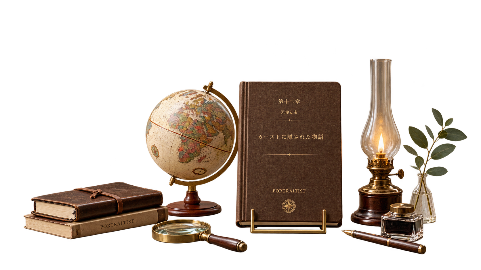 Portraitistの本と旅の道具を収めた静物